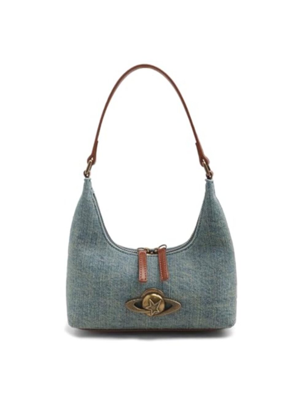 Denim Crescent Shoulder Bag Mini Clutch Purse with Zipper Closure